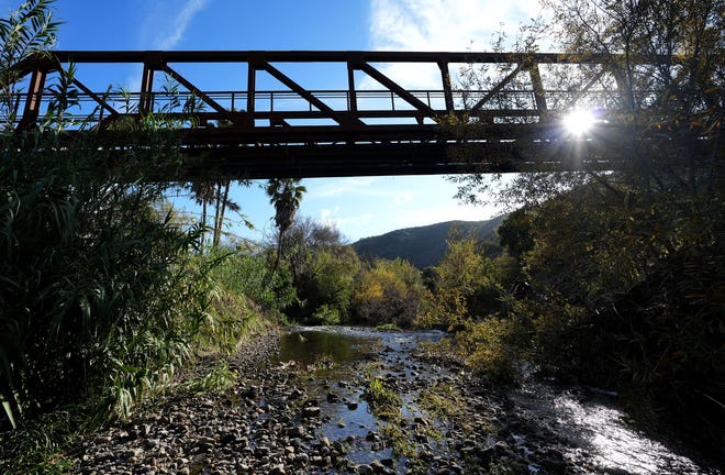 The Conejo Canyons Bridge is being built across the Arroyo Conejo creek in Thousand Oaks on Thursday, Dec. 28, 2023. The steel bridge will improve access to open space for hikers, cyclists and equestrians.